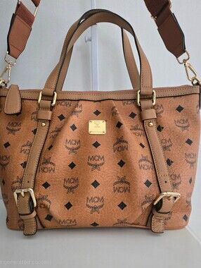 Authentic MCM Cognac Viestos Pleated Tote Shoulder Vintage Preloved Luxury Bag